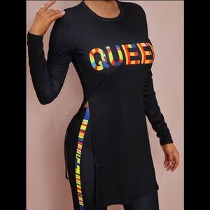 ‘QUEEN’ Rainbow 🌈 Color Long Sleeve Side Slits Shirt & Legging Outfit
